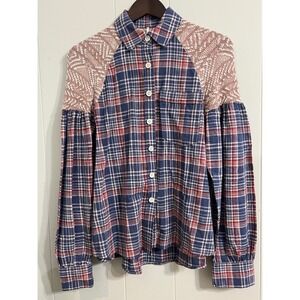 Free People Plaid Button Up Top Knit Contrast Long Sleeve Shirt XS‎